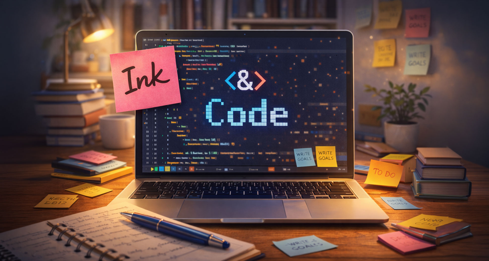 The Ink & Code banner — a warm desk scene with the Ink & Code logo on a laptop.