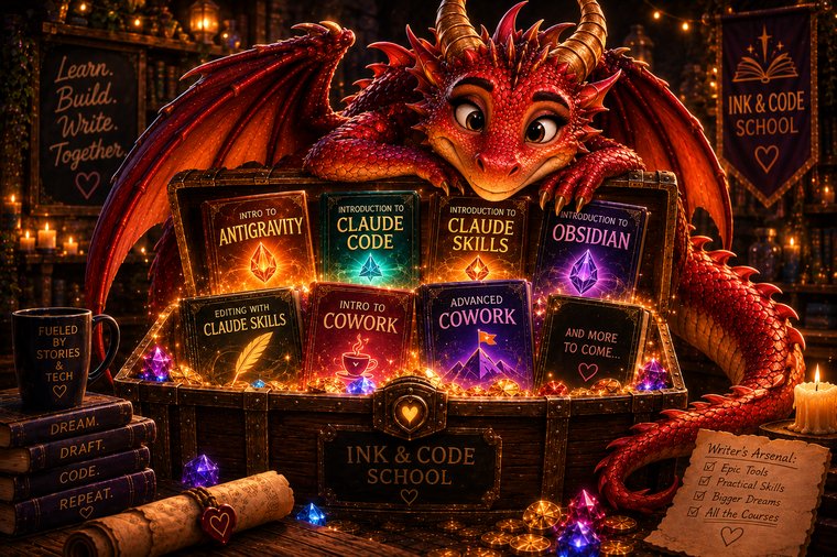 Ruby the dragon draped over a treasure chest full of glowing Ink & Code course tomes