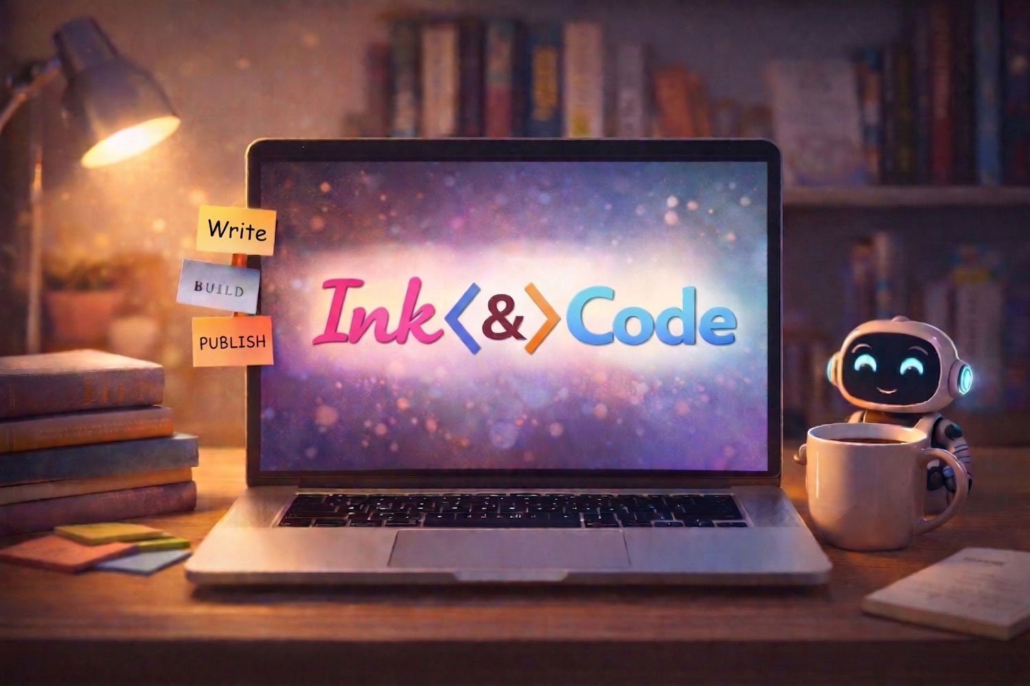 The Ink & Code workspace — a cozy desk, a warm lamp, and a friendly robot with a coffee mug.
